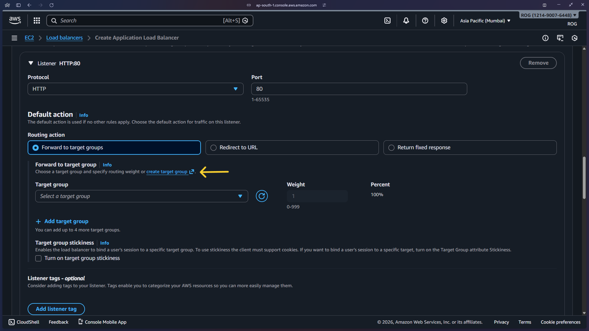Listener default action – forward to target group