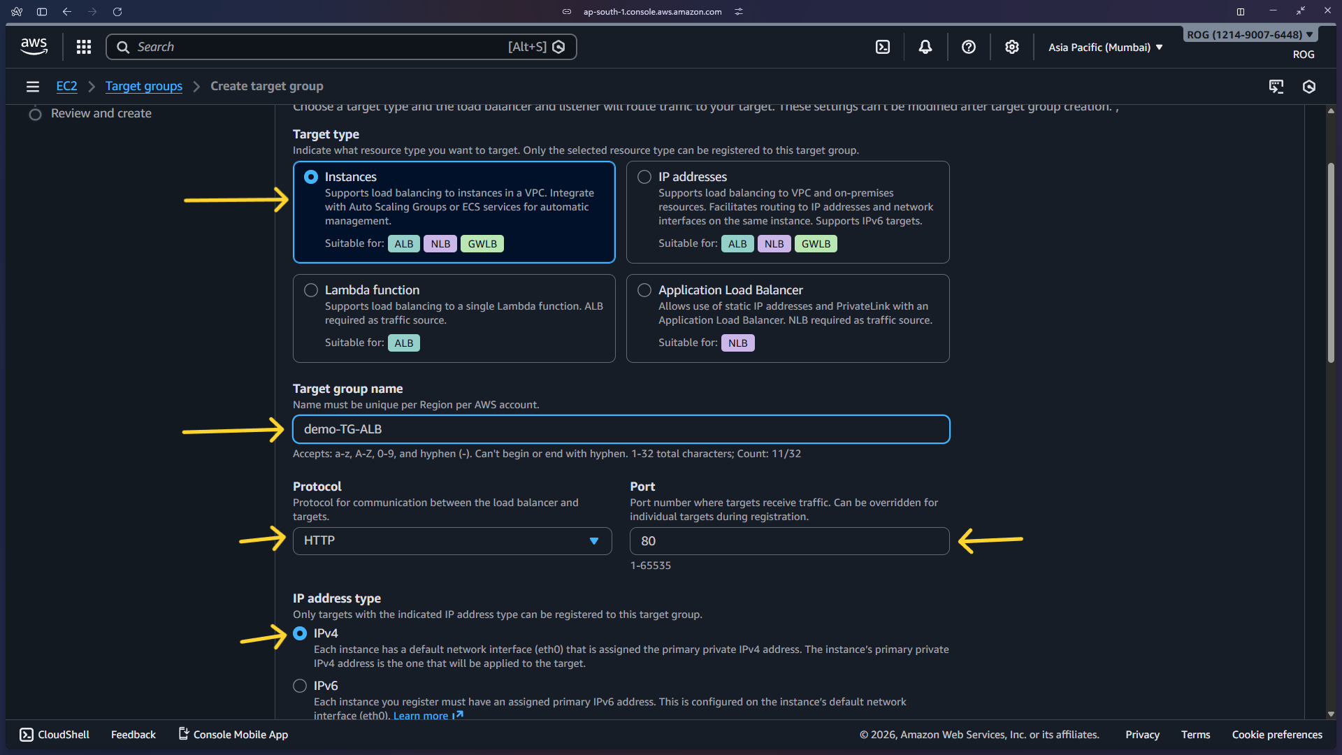 Target group config – instances, HTTP 80, IPv4