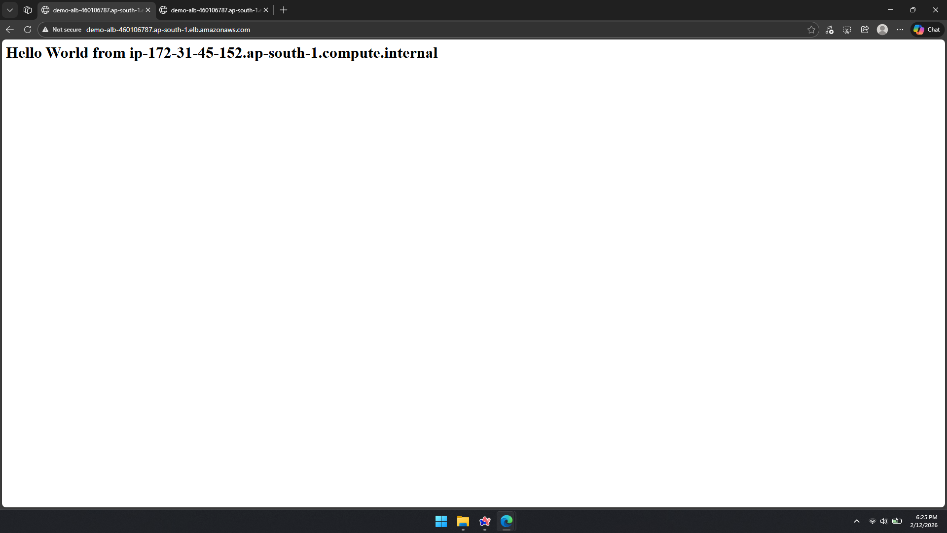 Browser – Hello World from instance 1