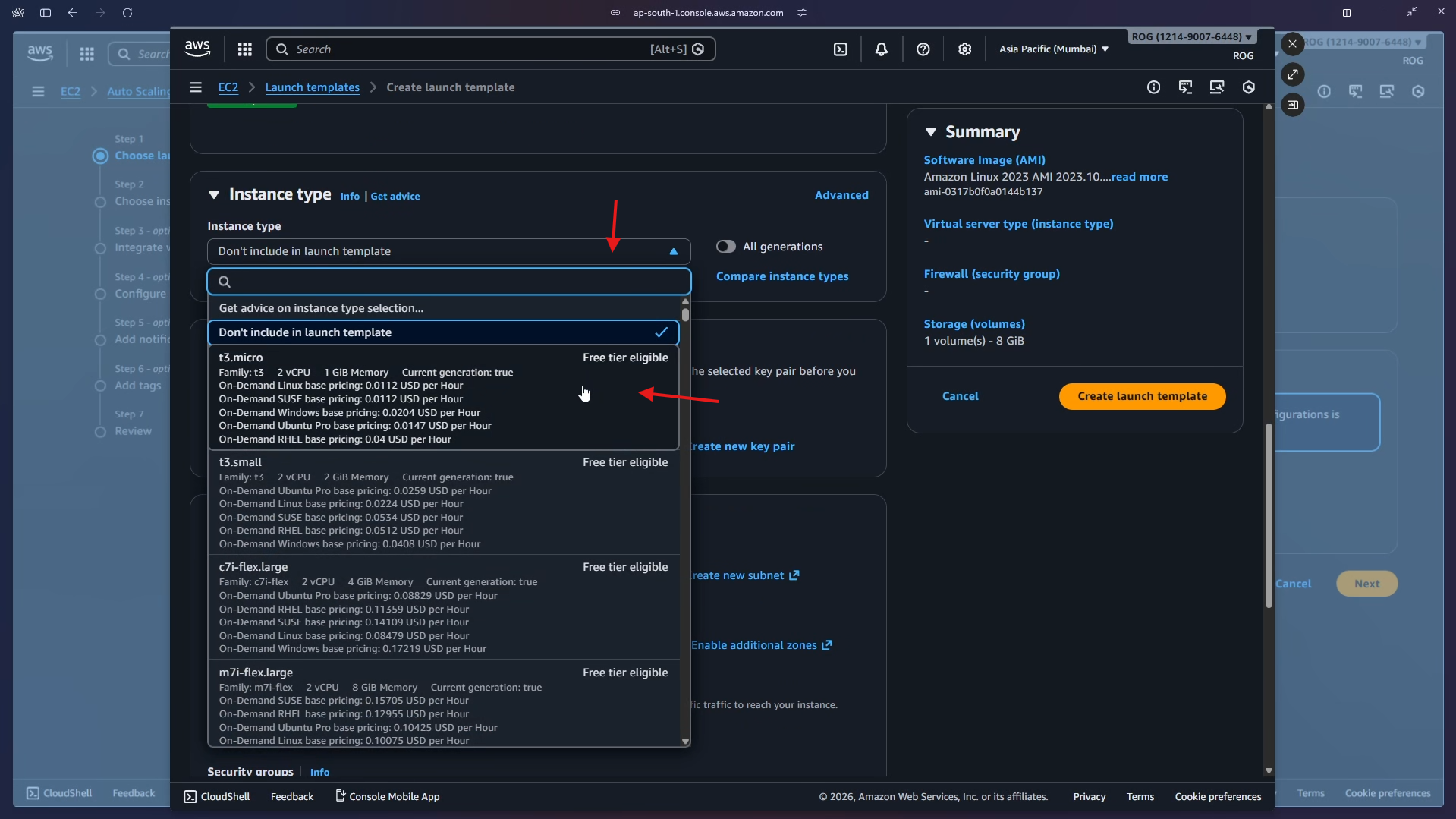 Instance type – select t3.micro