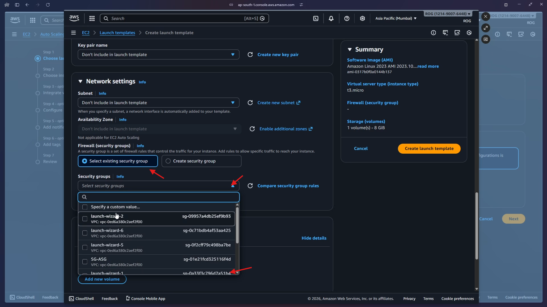 Network settings – select launch-wizard-1 security group
