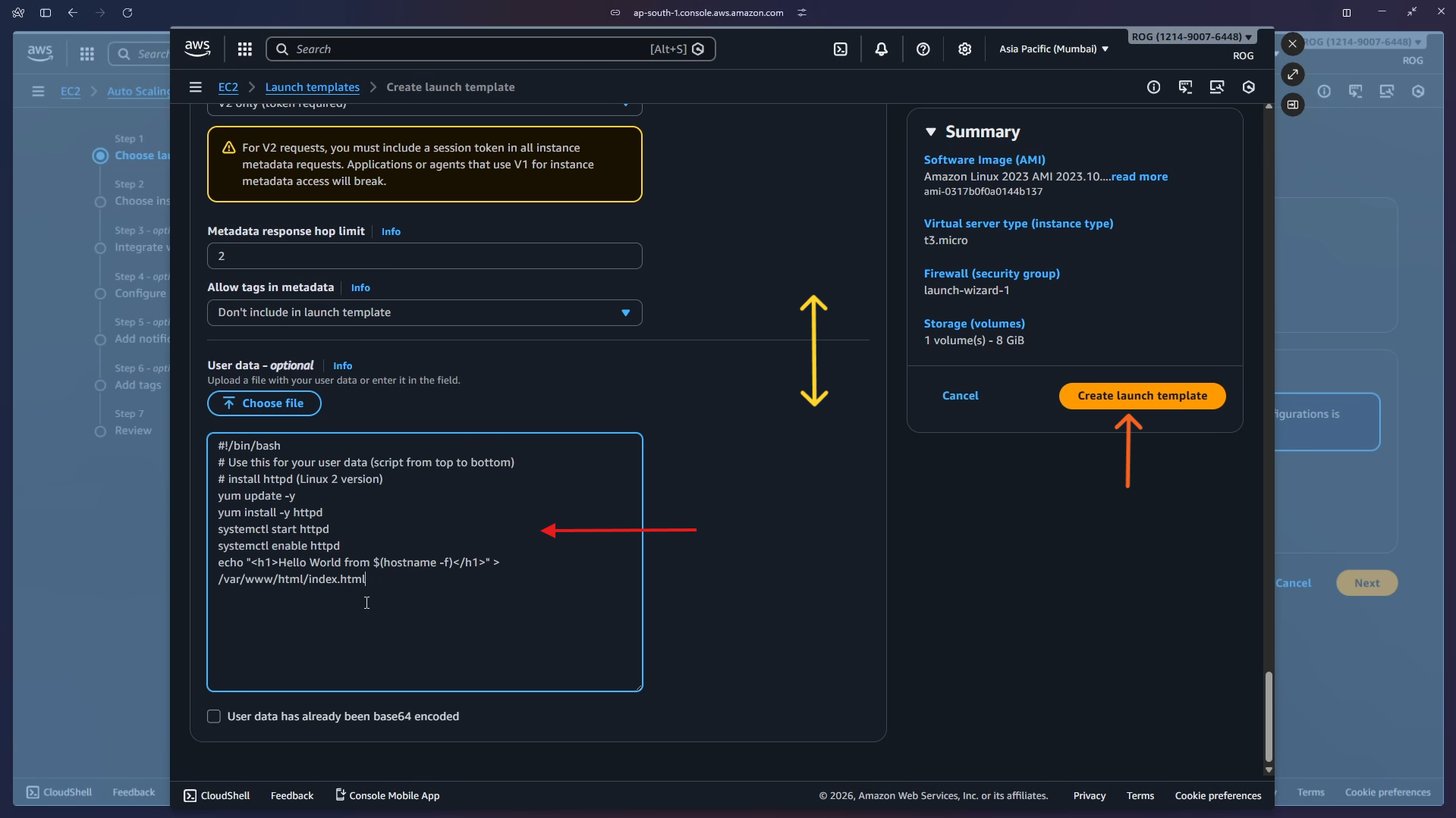 User data script – click Create launch template