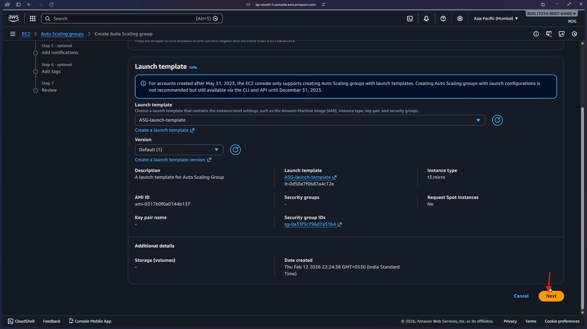Launch template selected – click Next