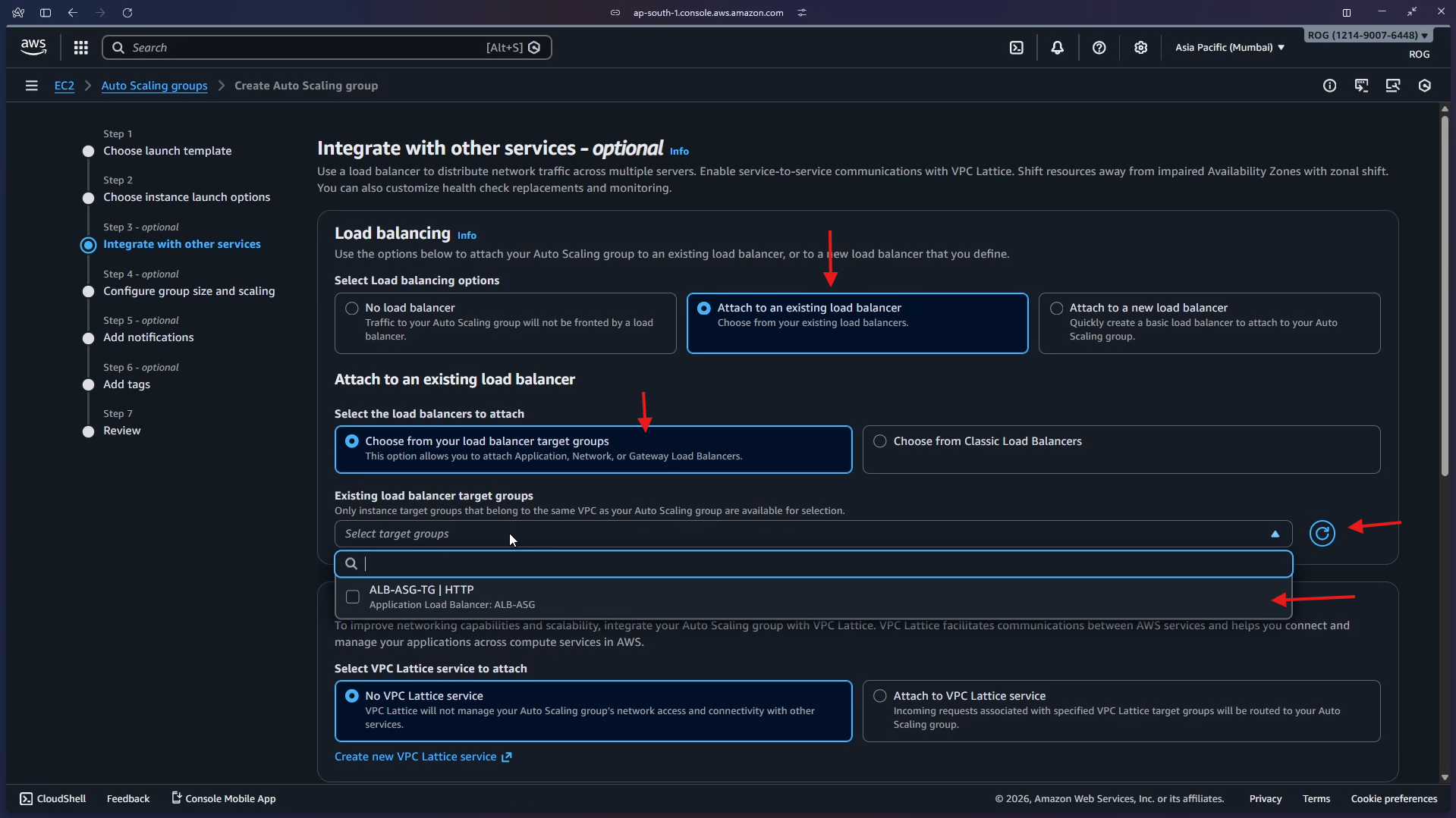 Attach to existing LB – select ALB-ASG-TG target group
