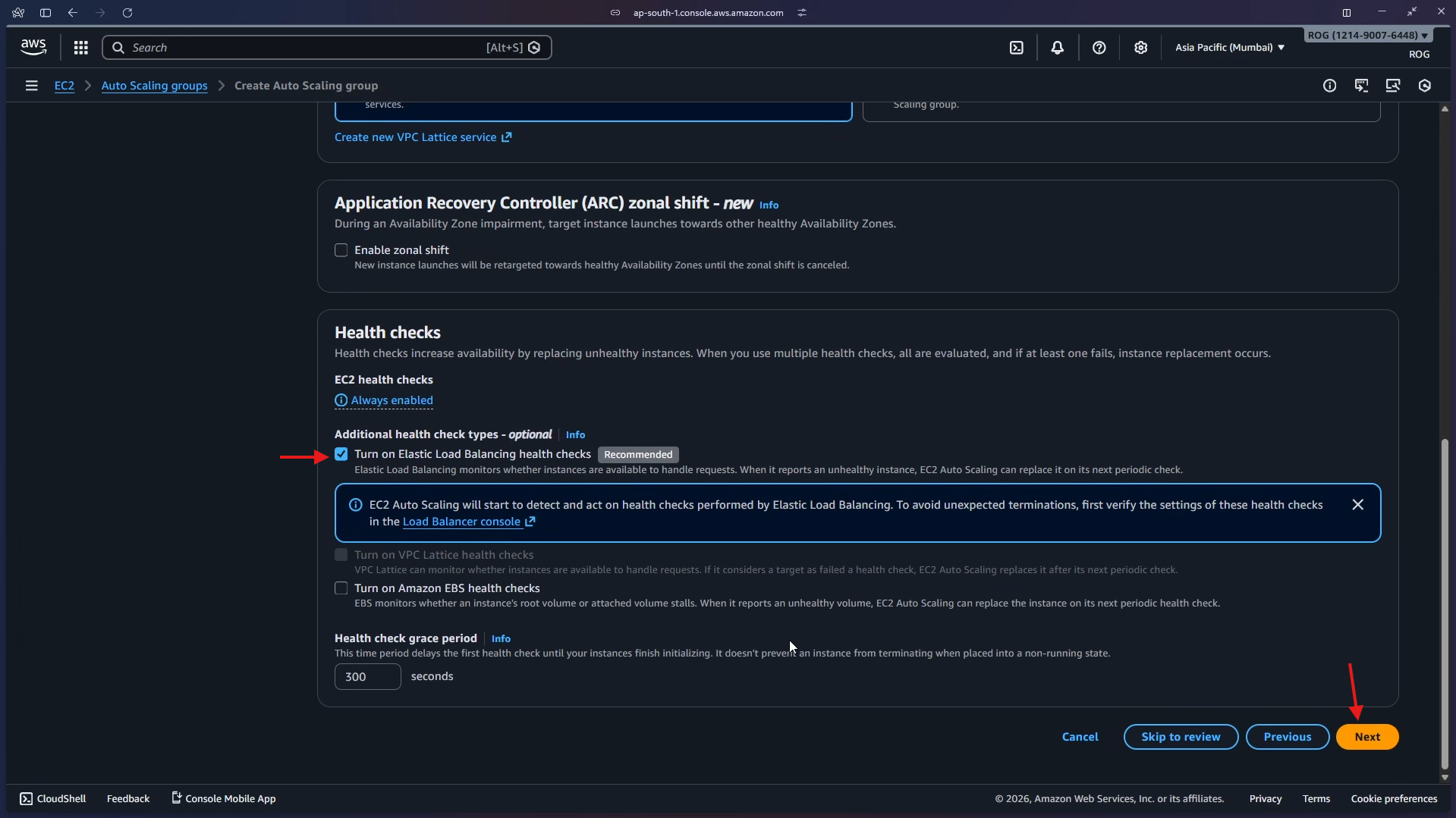 ELB health checks enabled – click Next