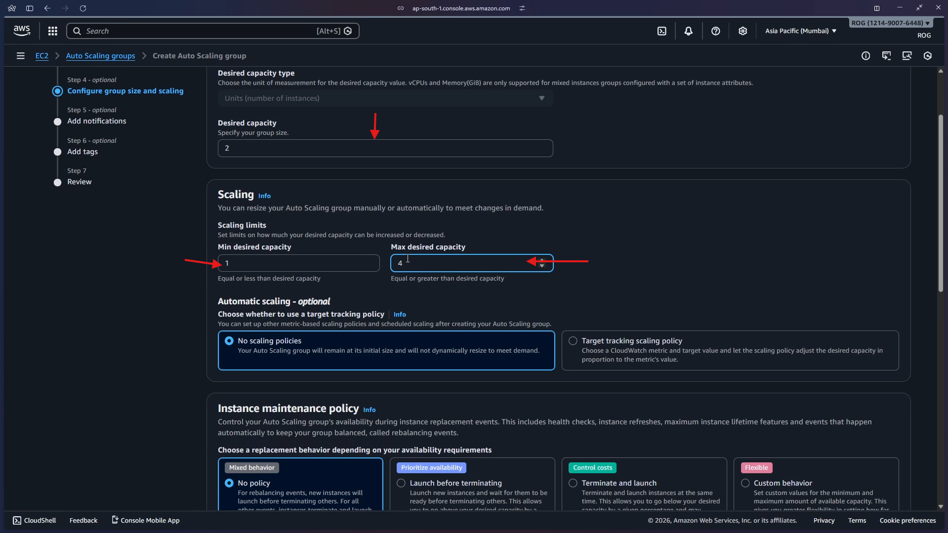 Group size configured – Desired 2, Min 1, Max 4