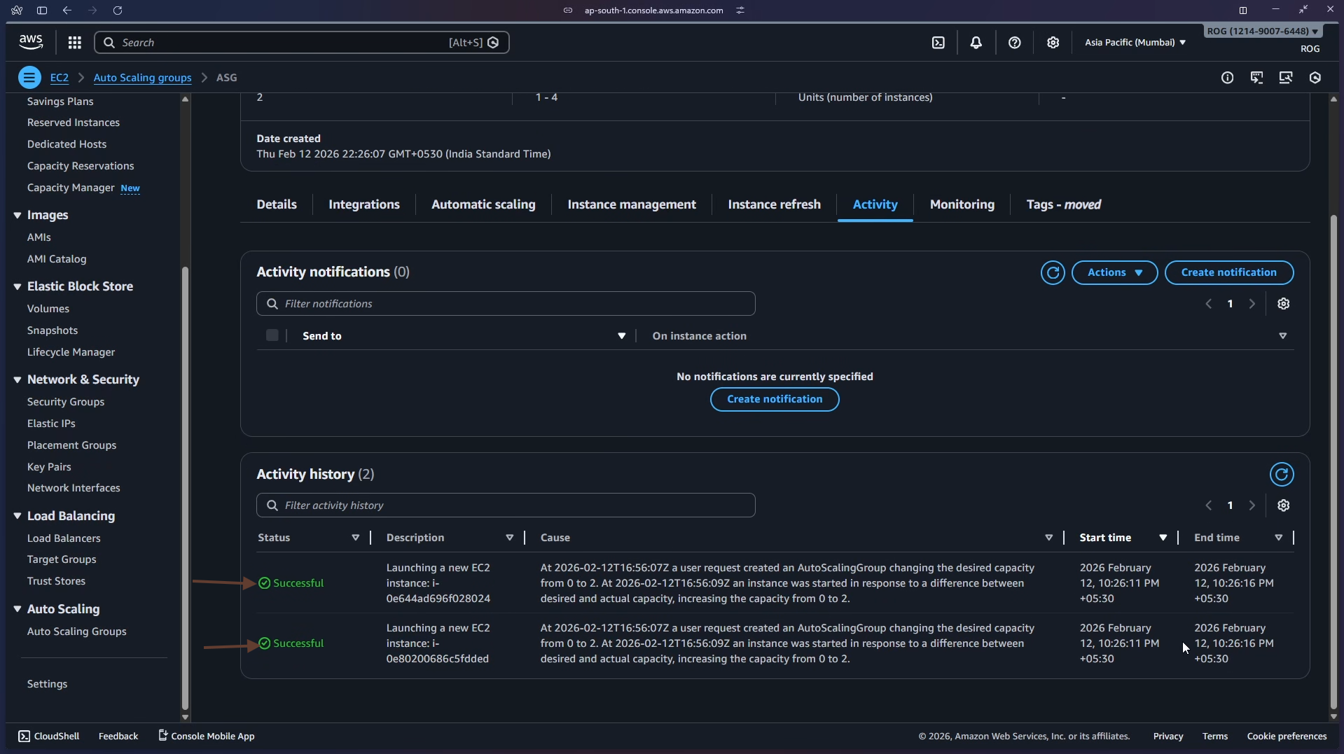 ASG Activity tab – 2 successful instance launches