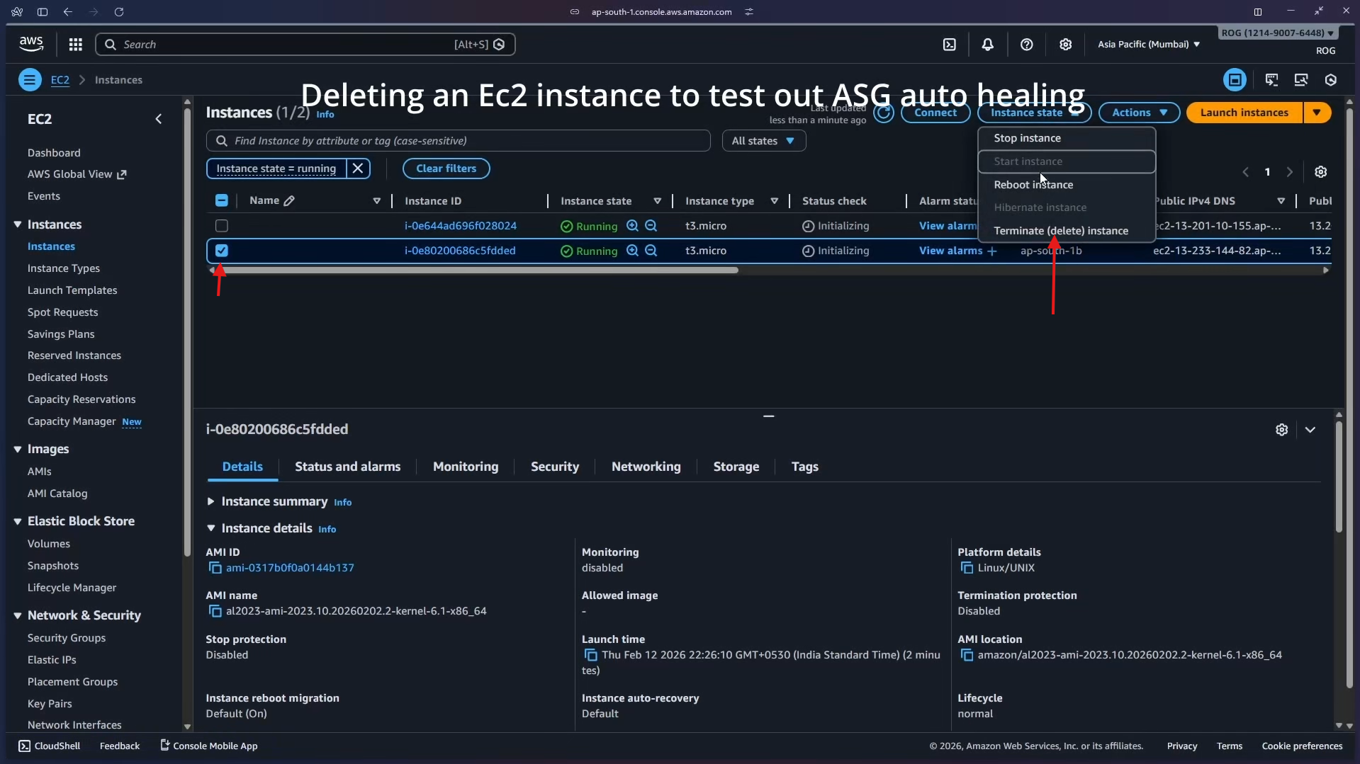 EC2 Instances – terminate instance to test auto-healing