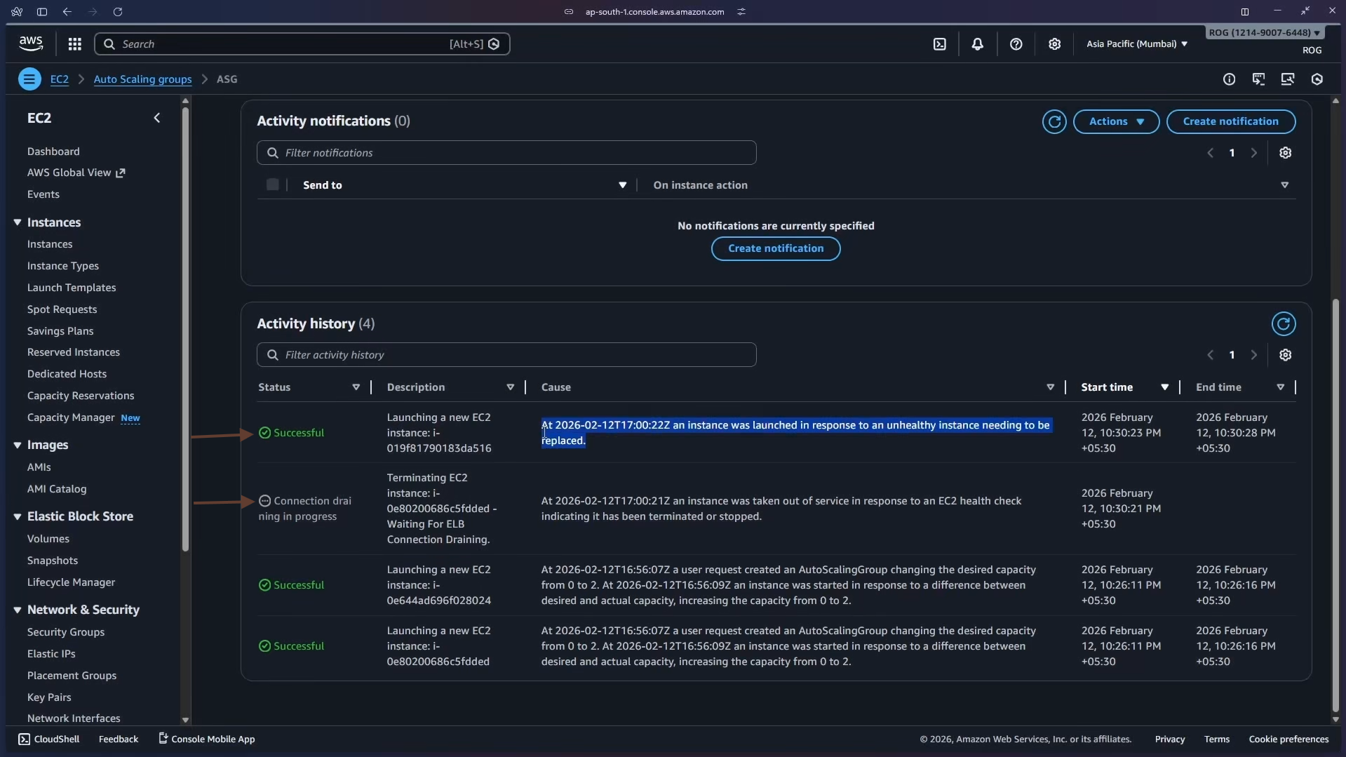 ASG Activity – new instance launched to replace unhealthy one