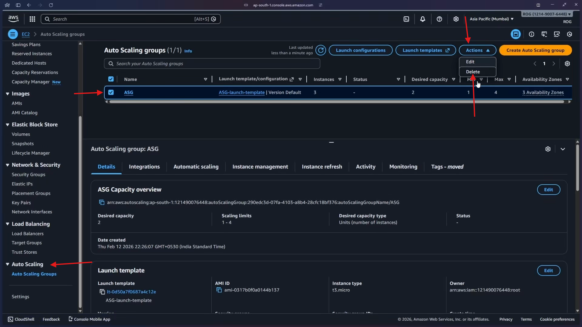 Select ASG – Actions > Delete
