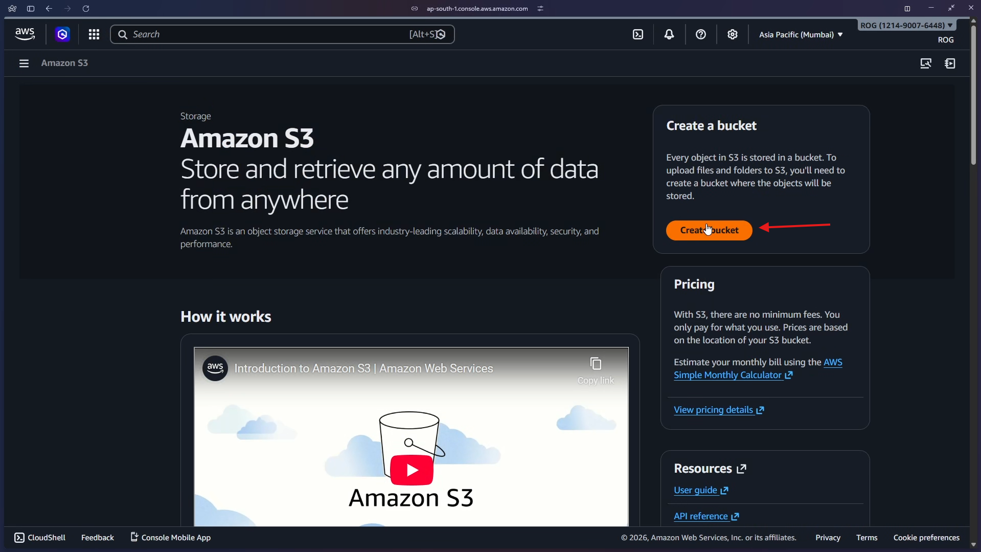 S3 Dashboard – click Create bucket