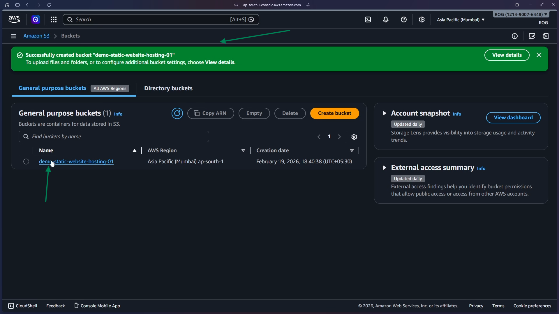 Bucket created successfully – click on bucket name