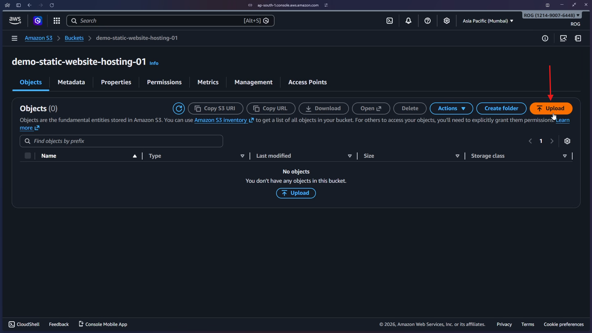 Inside bucket – click Upload