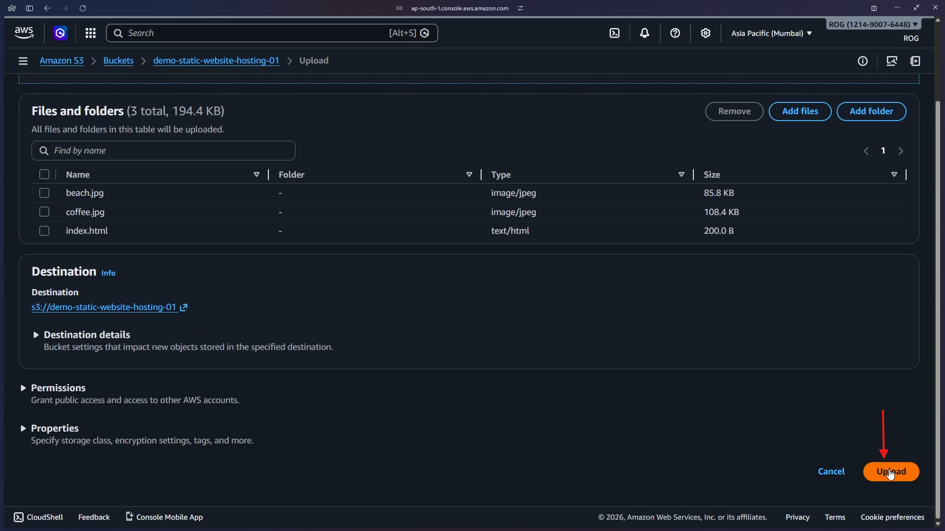 Click Upload to upload files