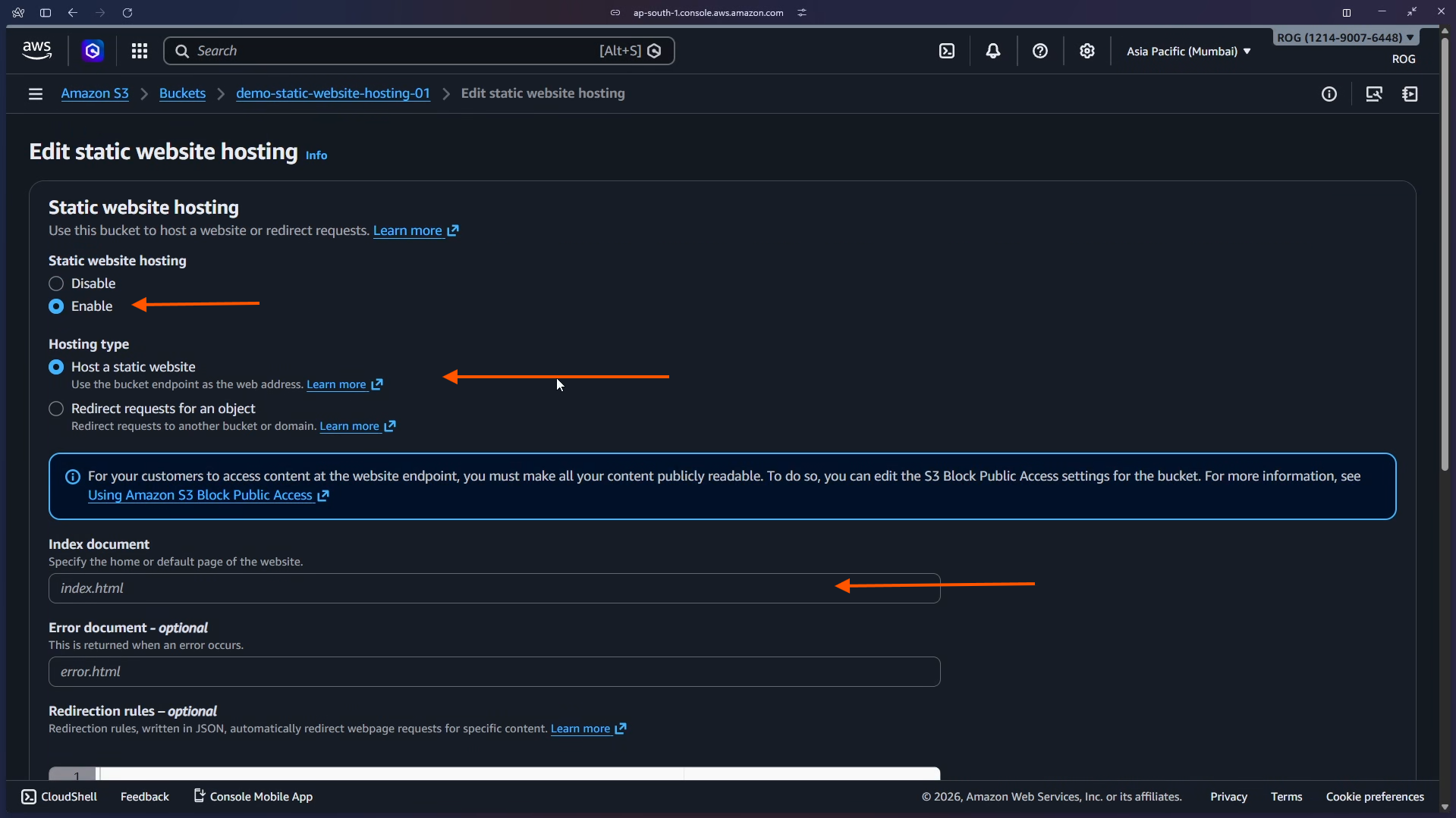 Enable static website hosting and set index document
