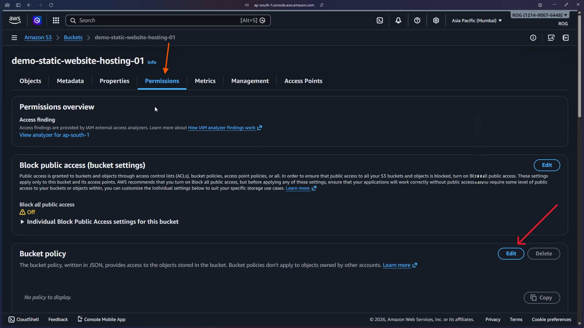 Permissions tab – edit bucket policy