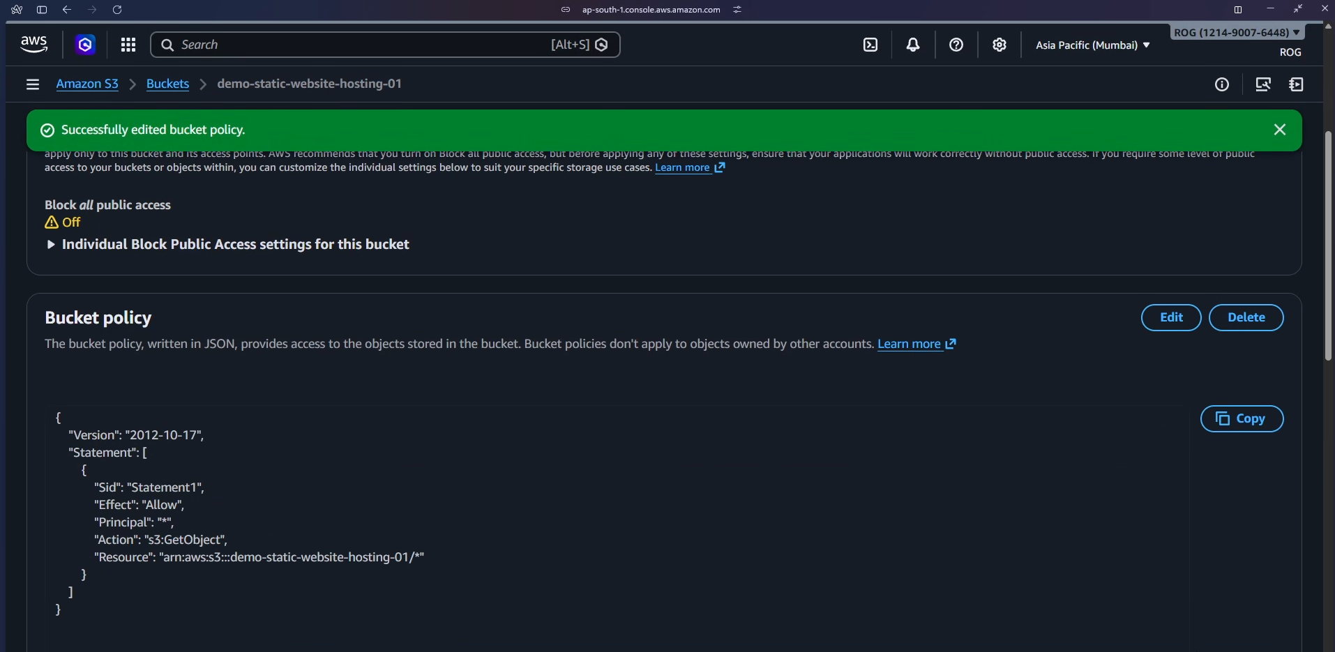 Bucket policy successfully created