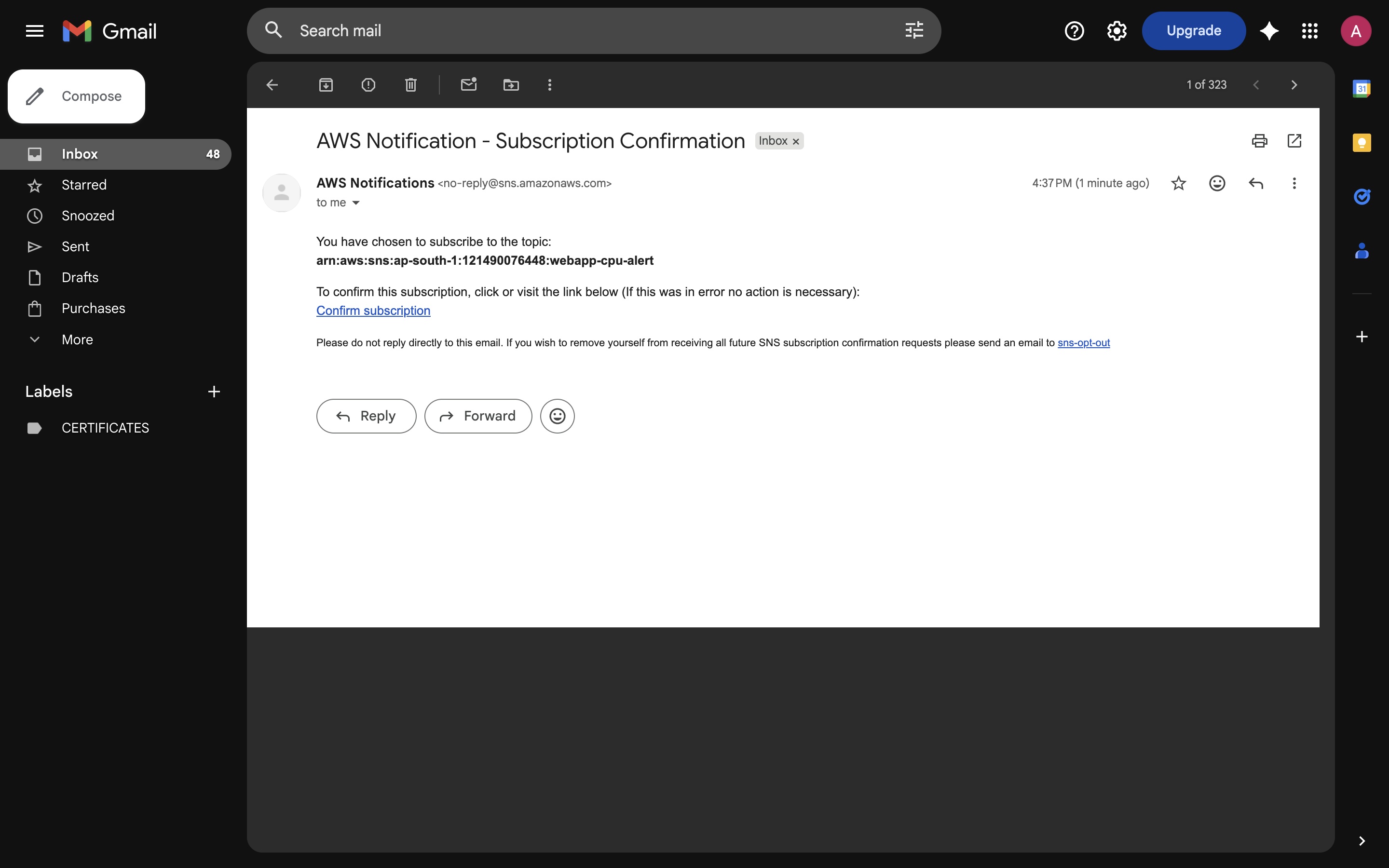 Email subscription confirmation for cloudwatch notification