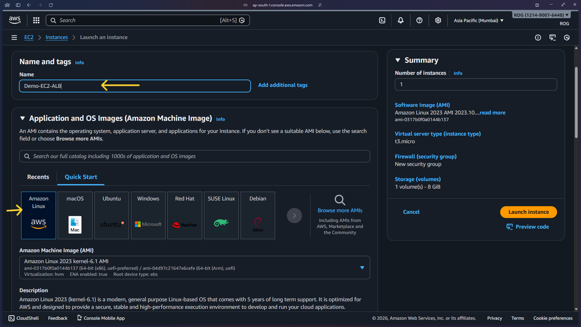 EC2 launch wizard – name and OS