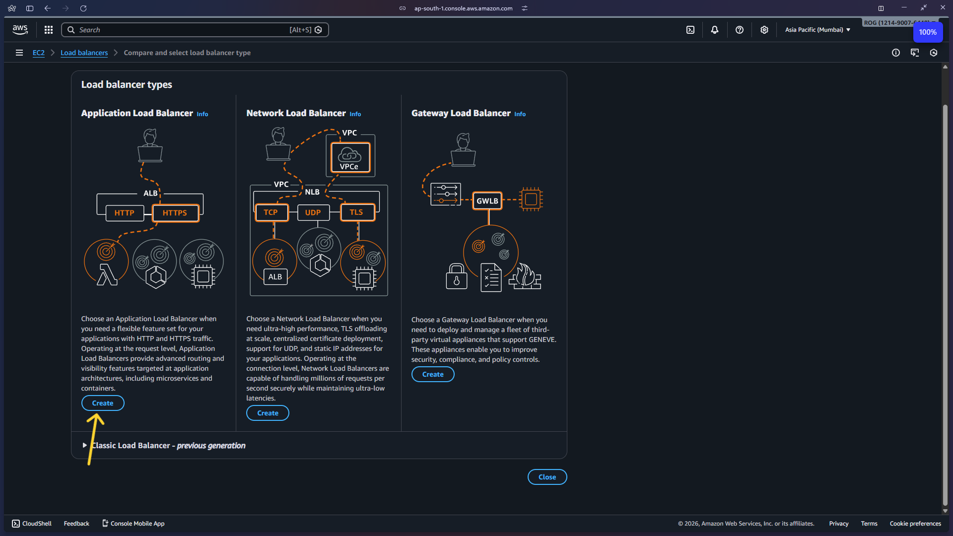 Load balancer type selection – choose ALB