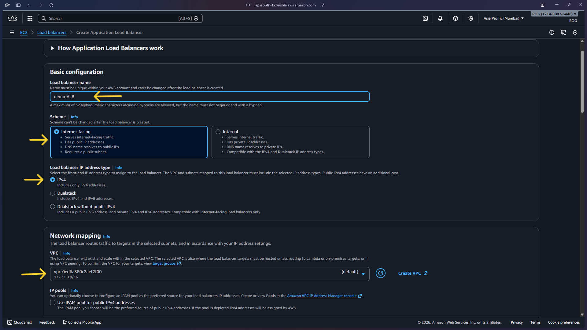 ALB basic config – name, internet-facing, IPv4, VPC