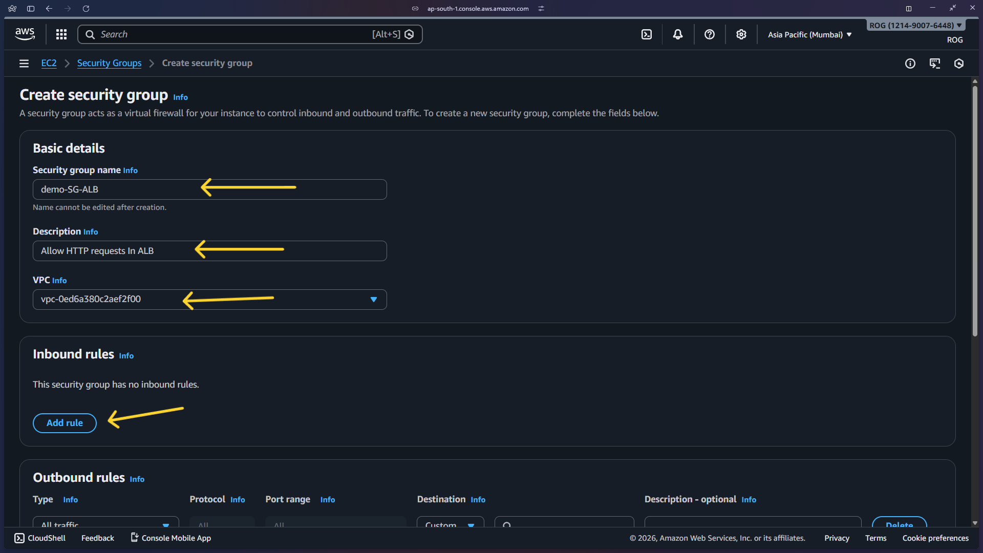 SG name, description, and VPC