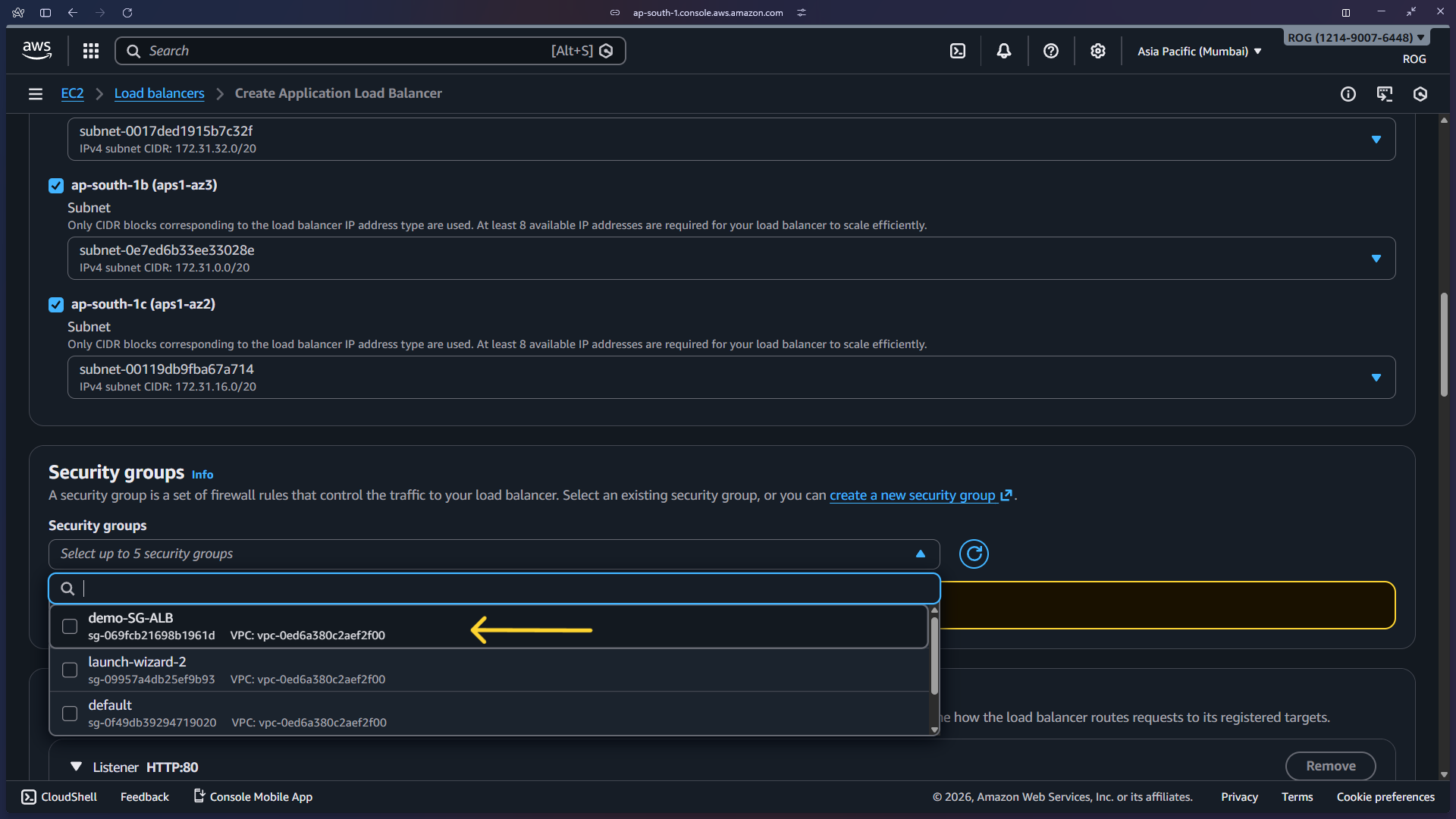 New SG selected in ALB config