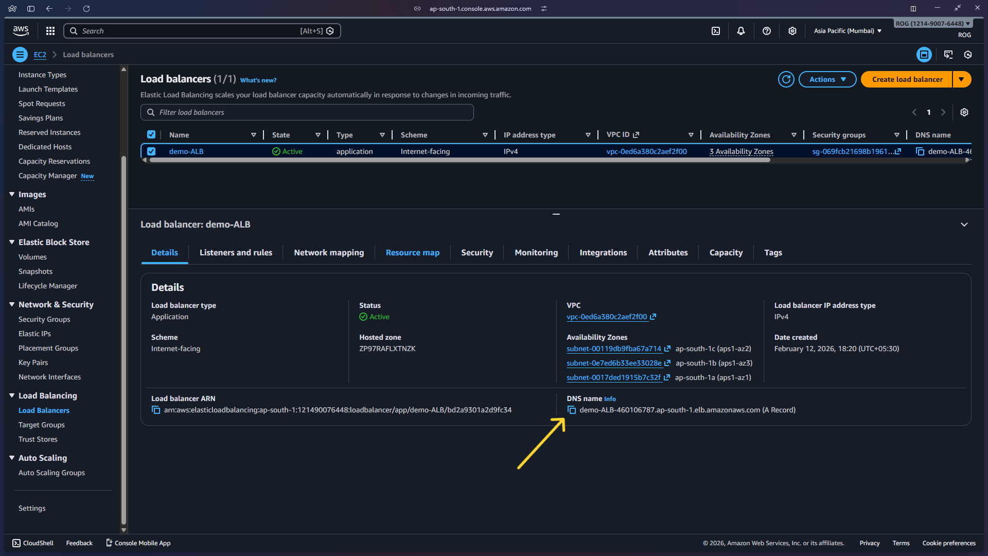 Load balancer list – locate DNS name