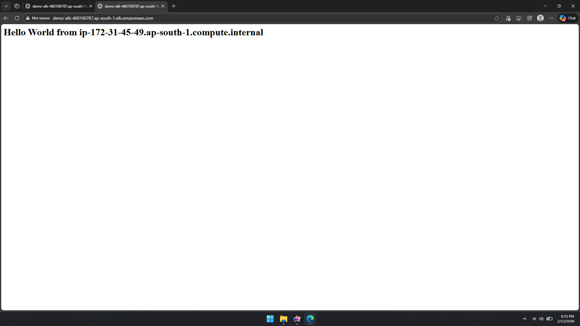 Browser after refresh – Hello World from instance 2