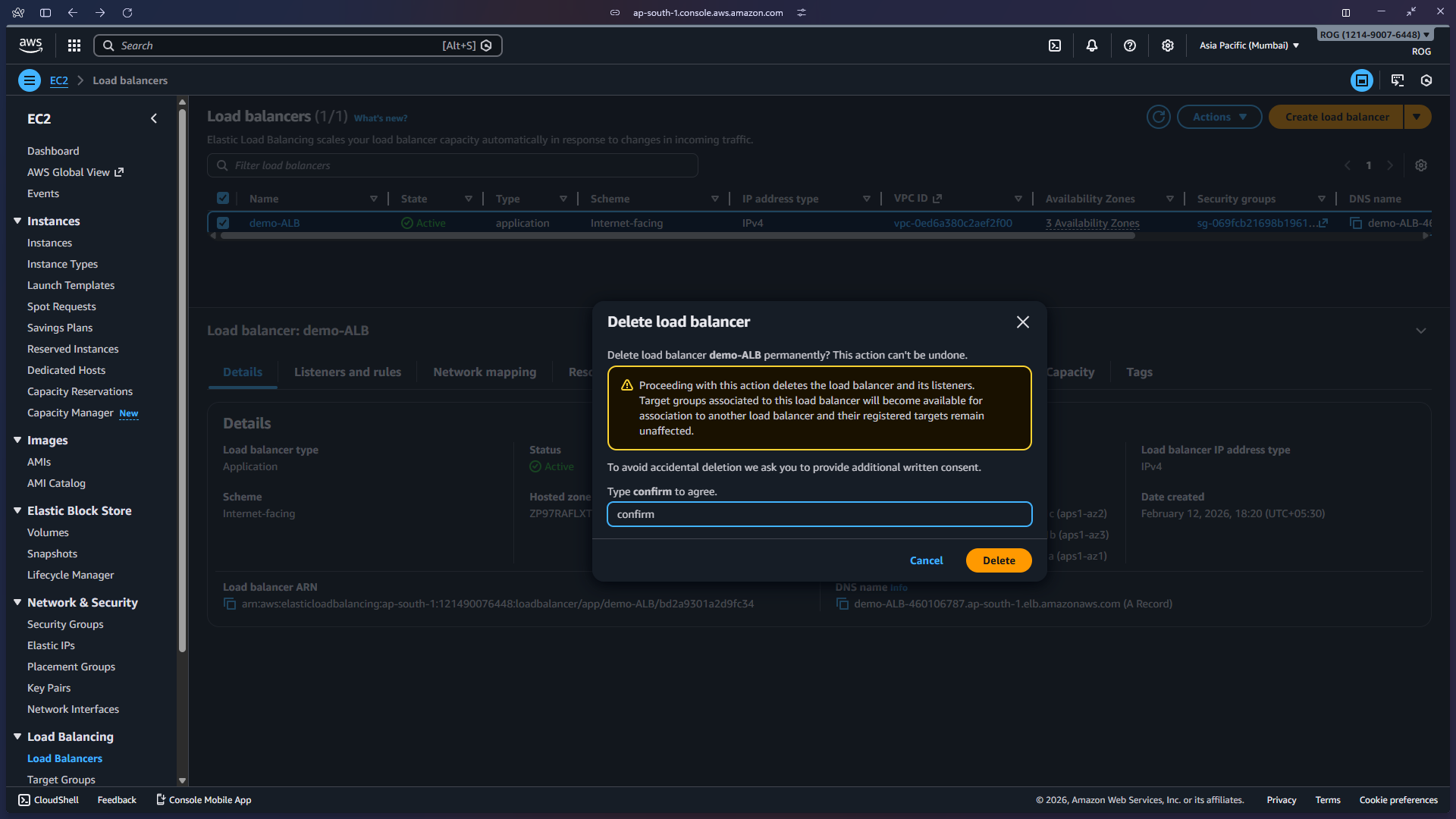 Delete ALB – Actions menu, type confirm