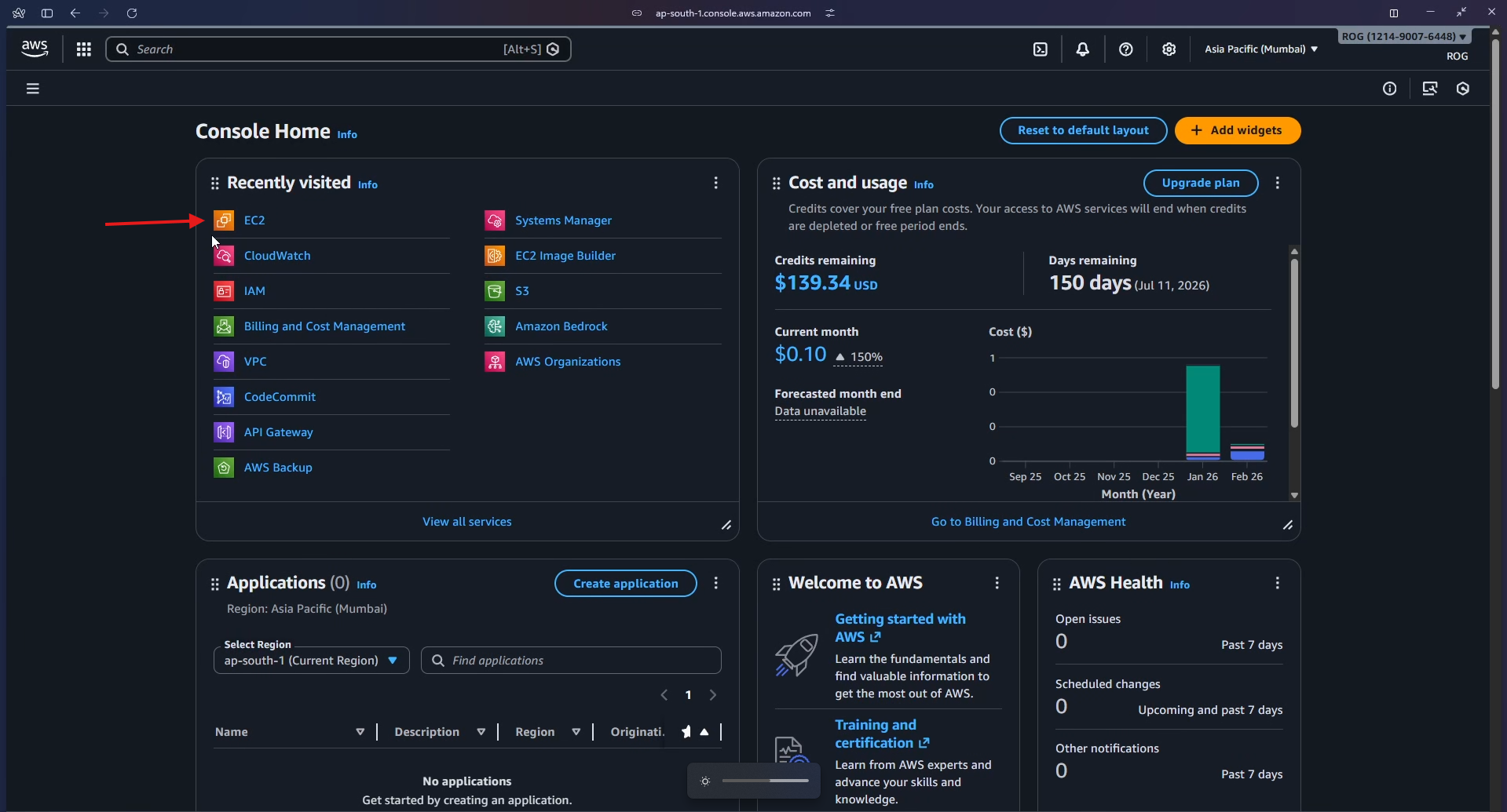 AWS Console Home – click EC2