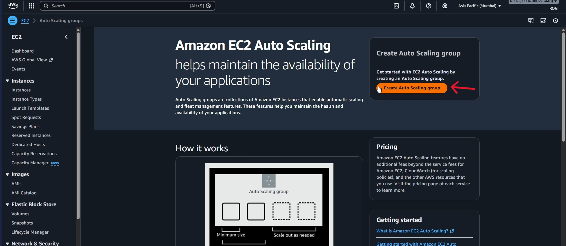Auto Scaling Groups landing page – Create Auto Scaling group