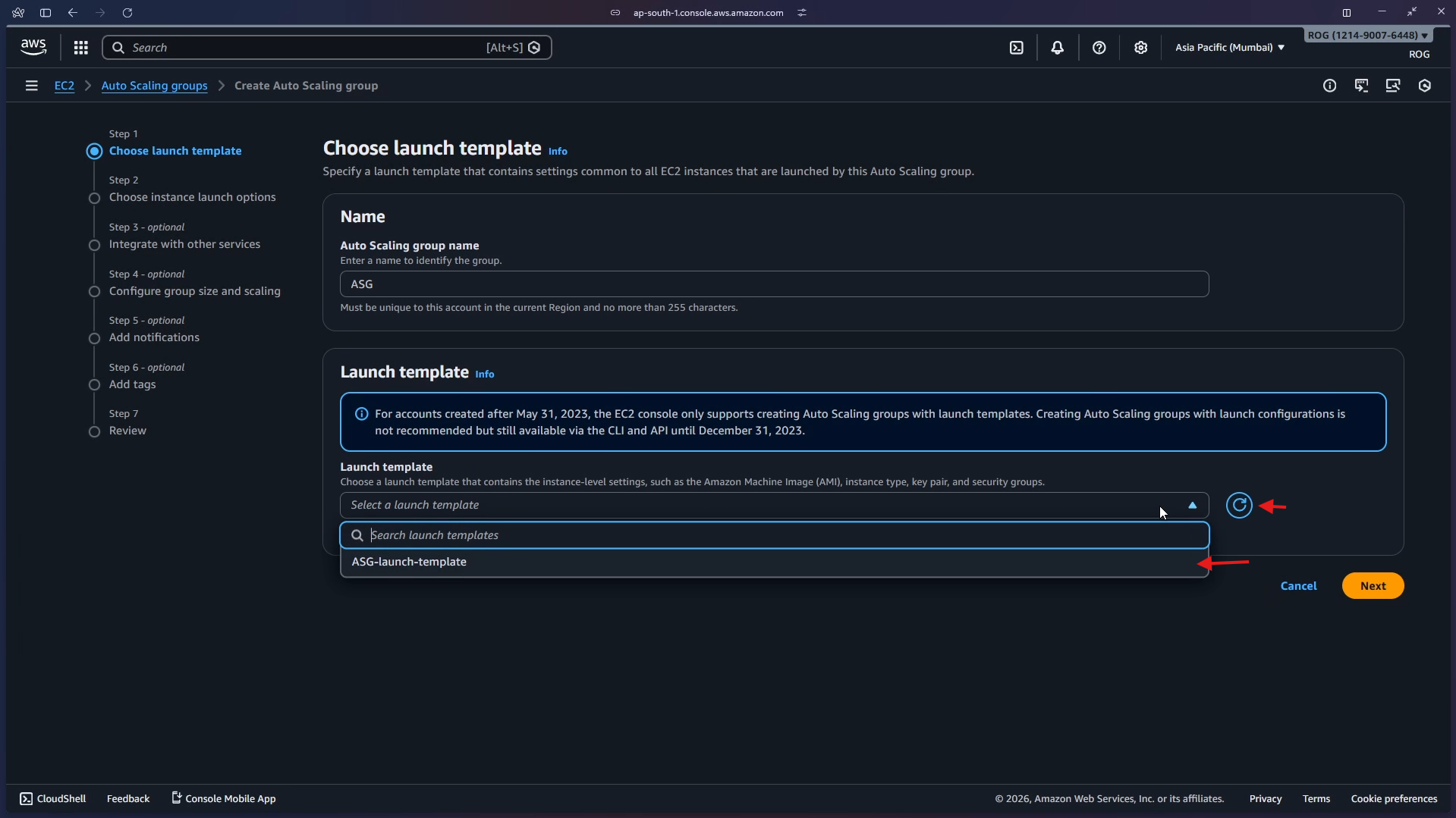 Select ASG-launch-template from dropdown