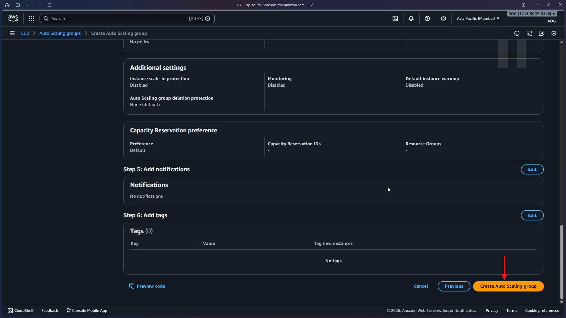 Review page scrolled – click Create Auto Scaling group