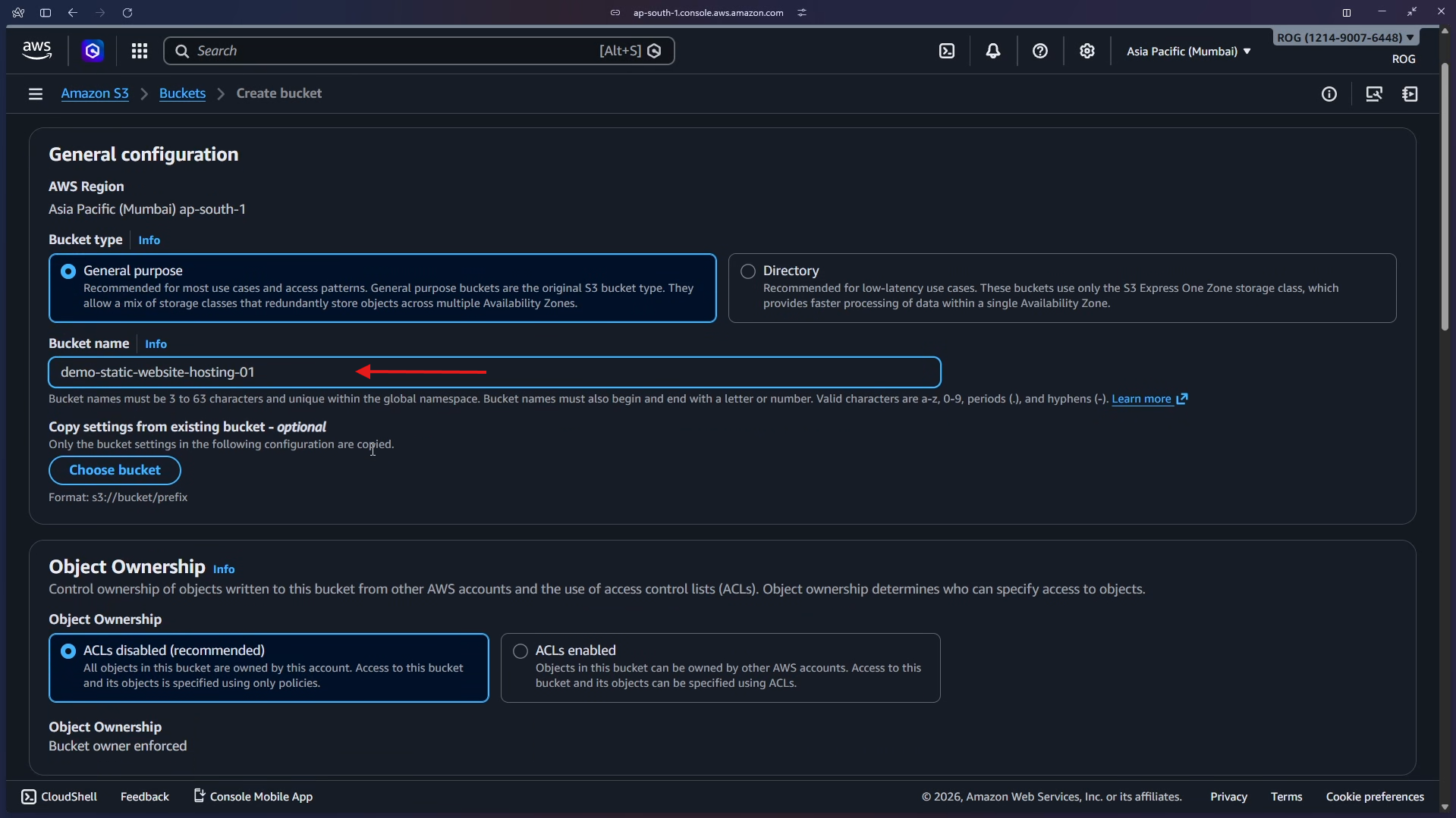 Bucket creation wizard – enter unique bucket name