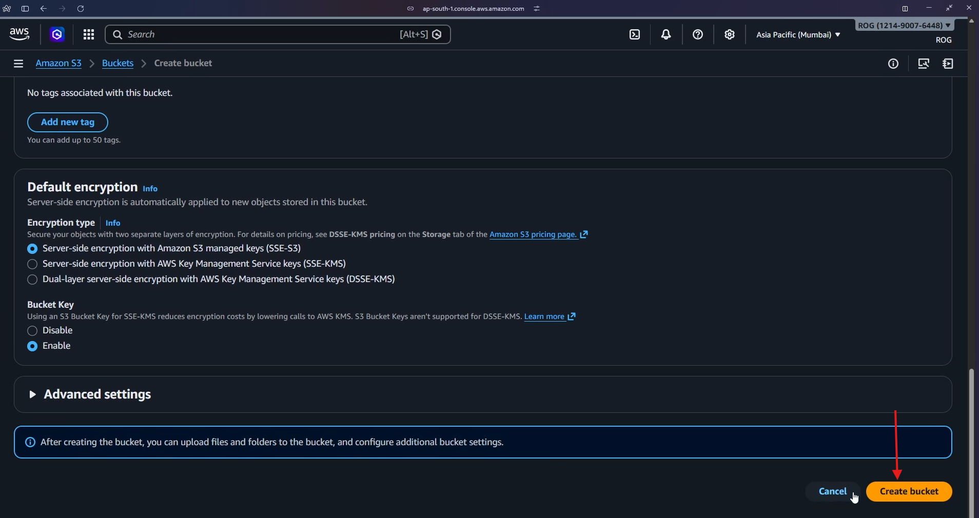 Acknowledge and click Create bucket