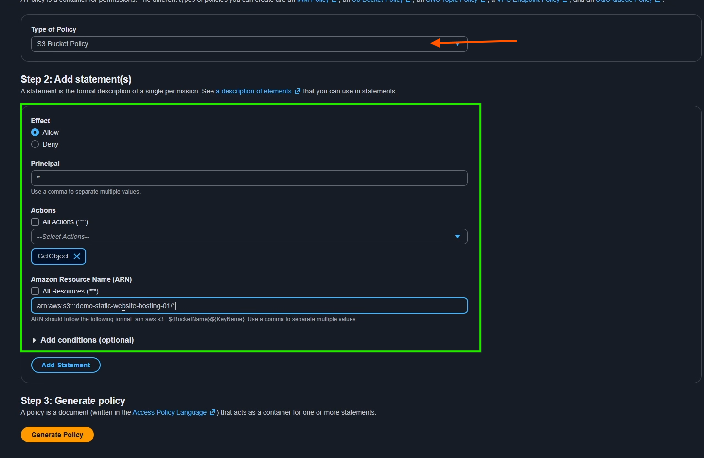AWS Policy Generator interface