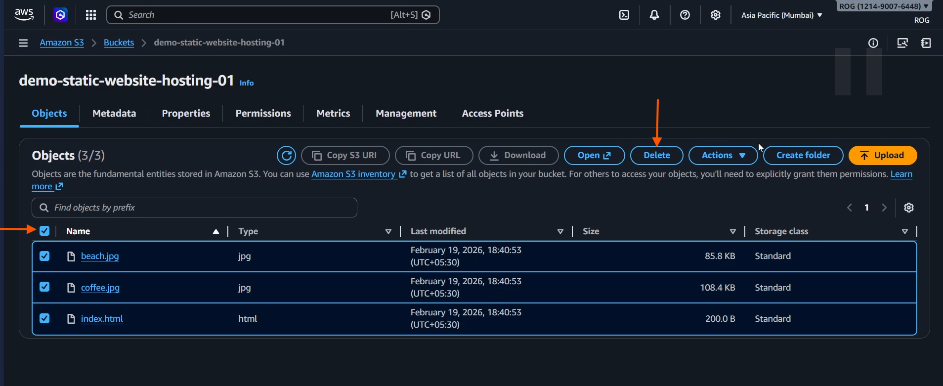 Select bucket and click Empty