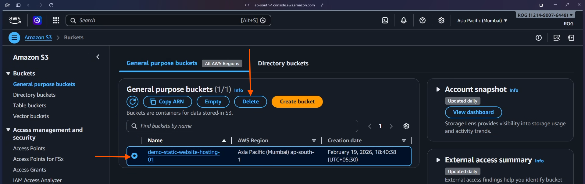 Select bucket and click Delete