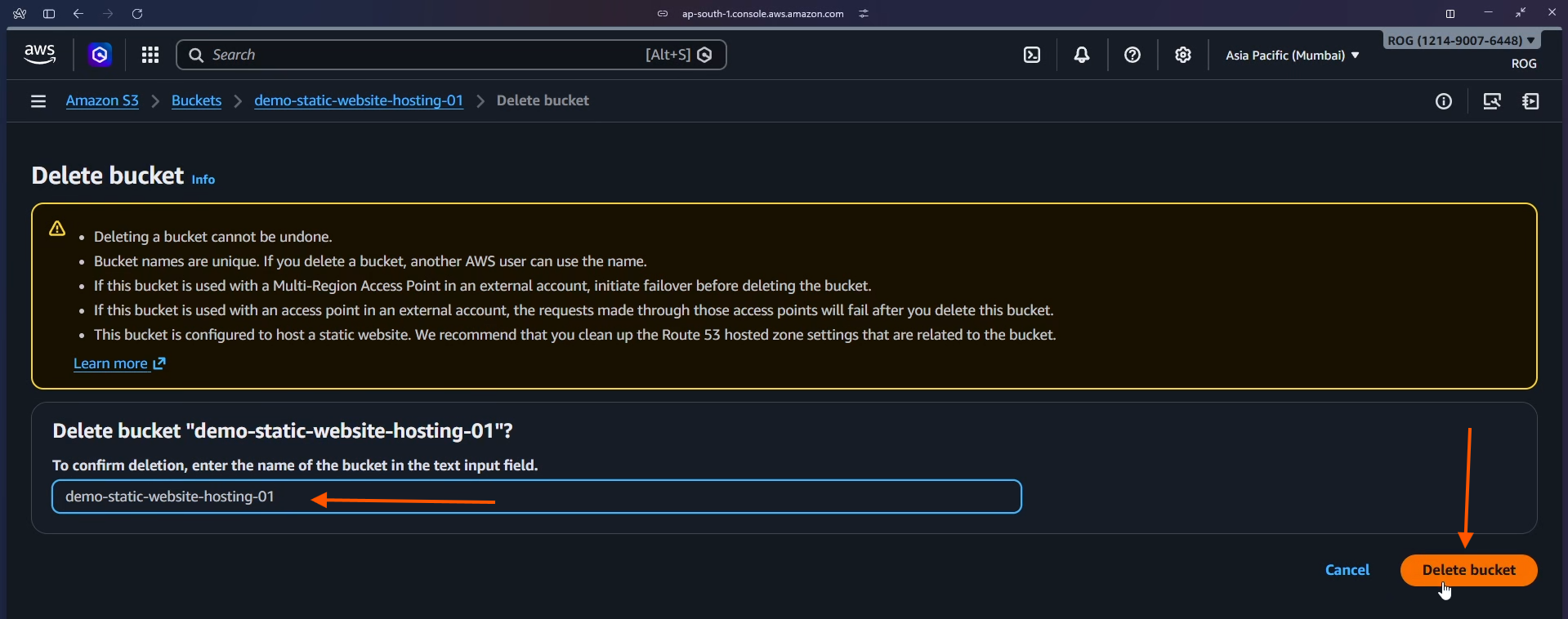 Type bucket name to confirm deletion