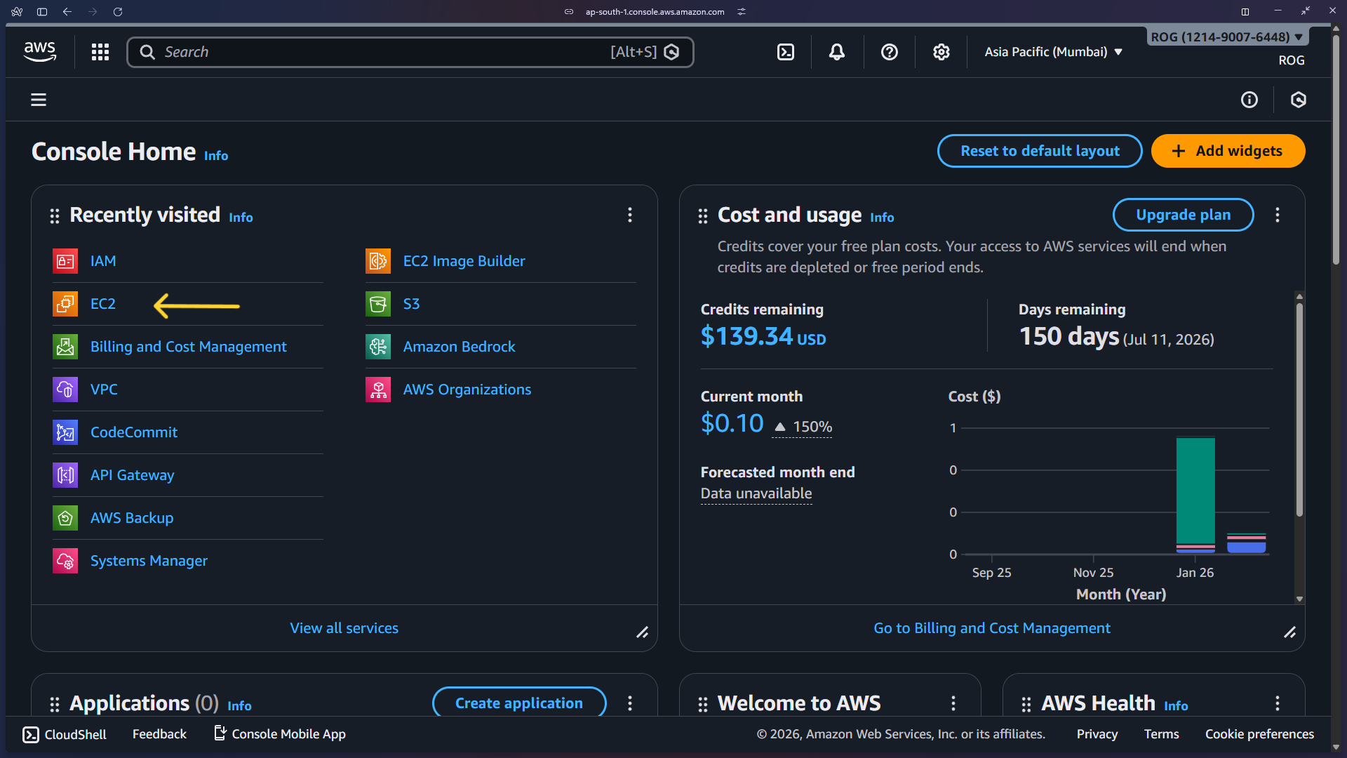 AWS Console Home – click EC2
