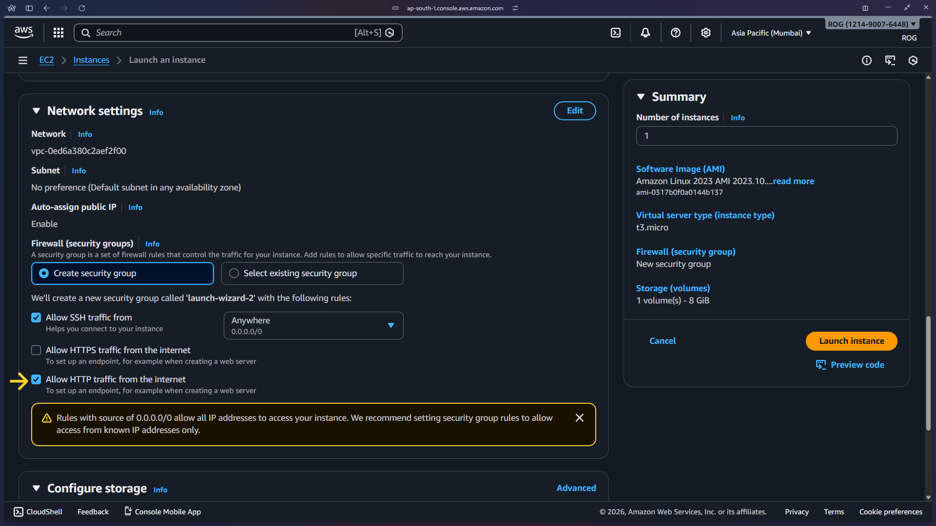 Security group selection – allow HTTP