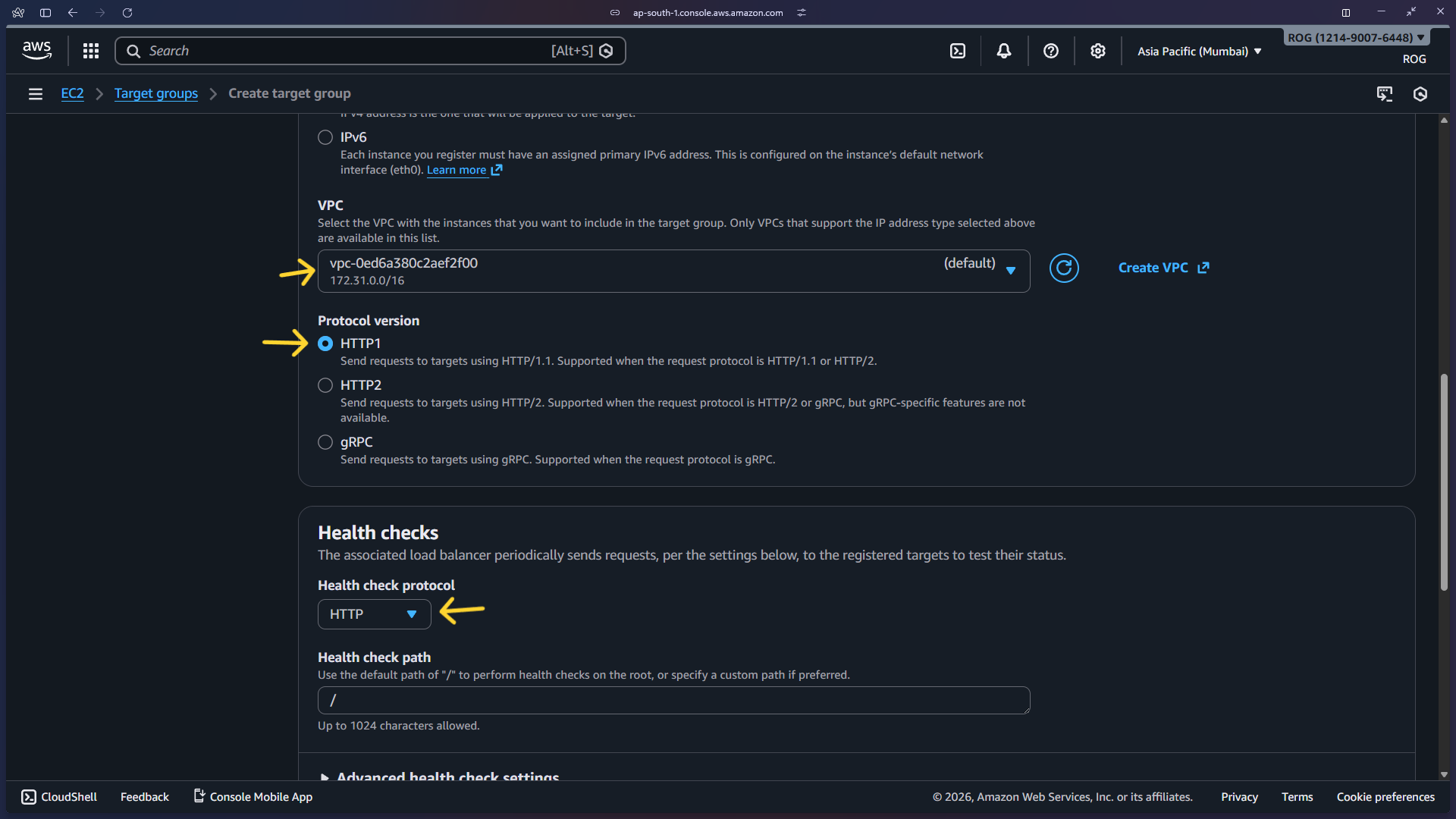 Target group health check settings