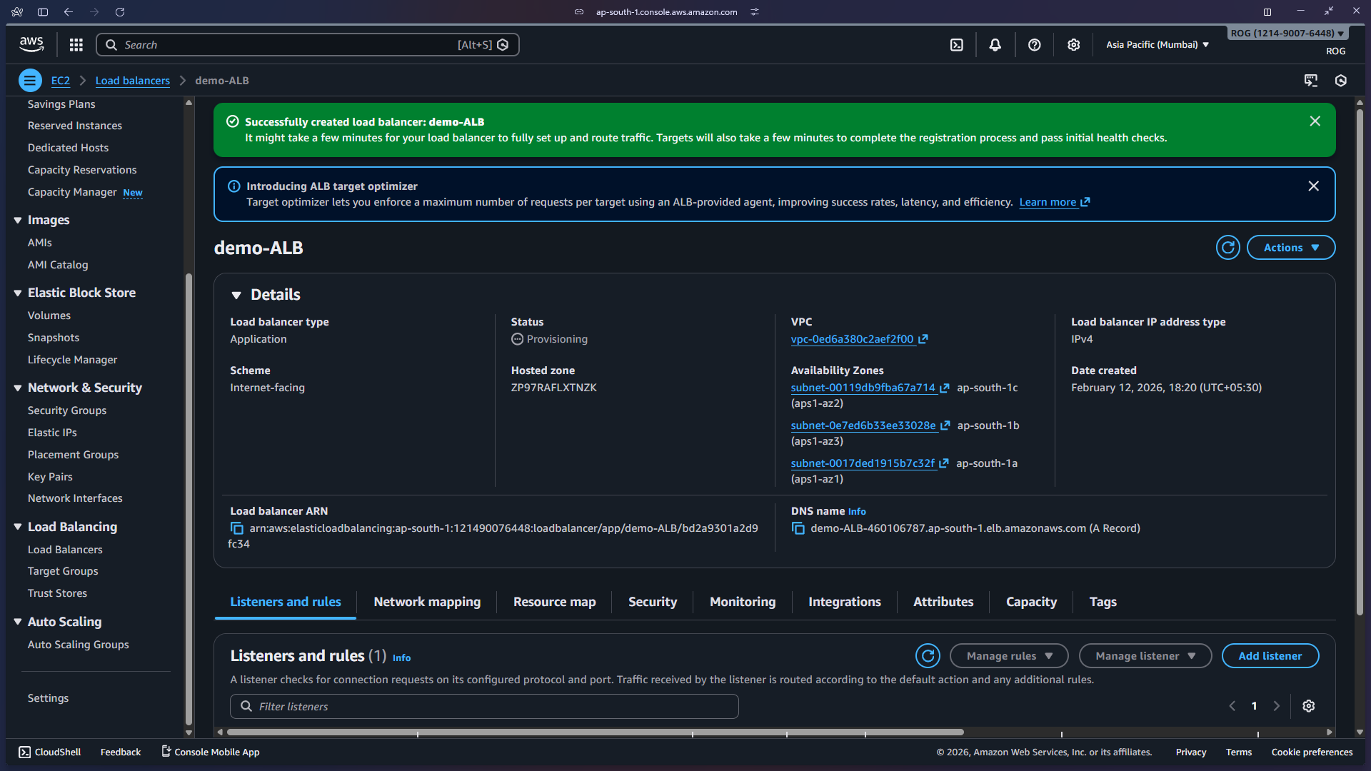 ALB created – success banner