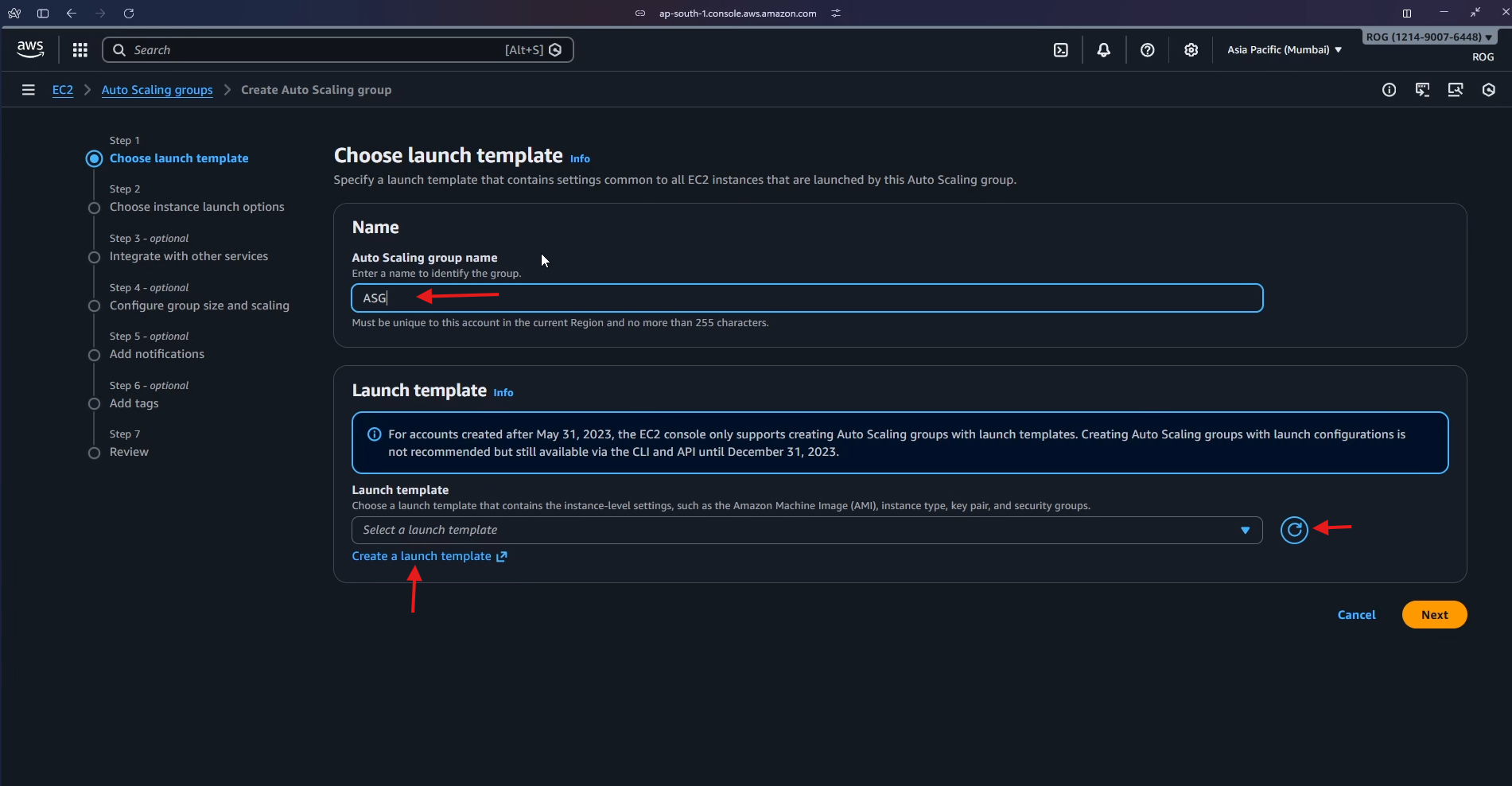 ASG wizard – enter name and click Create a launch template