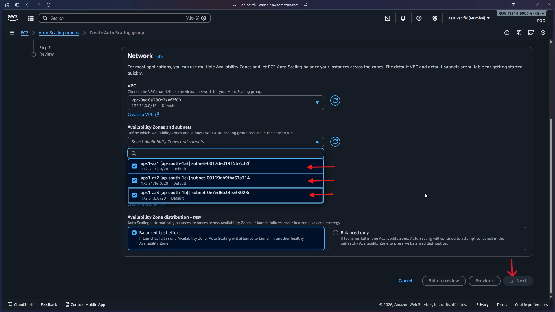 All 3 AZs selected – click Next